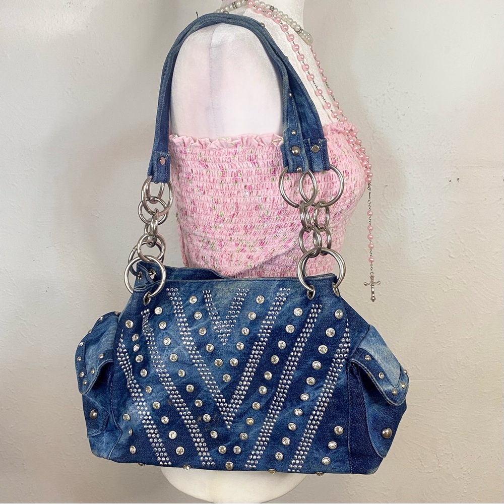 ♡ Y2k Julia & Michael navy denim blue rhinestone studded shoulder purse ♡